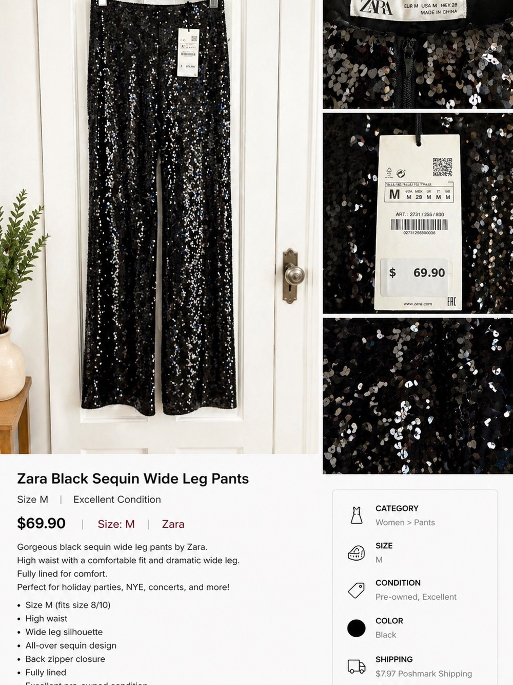 Zara Black Sequin Wide-Leg Pants